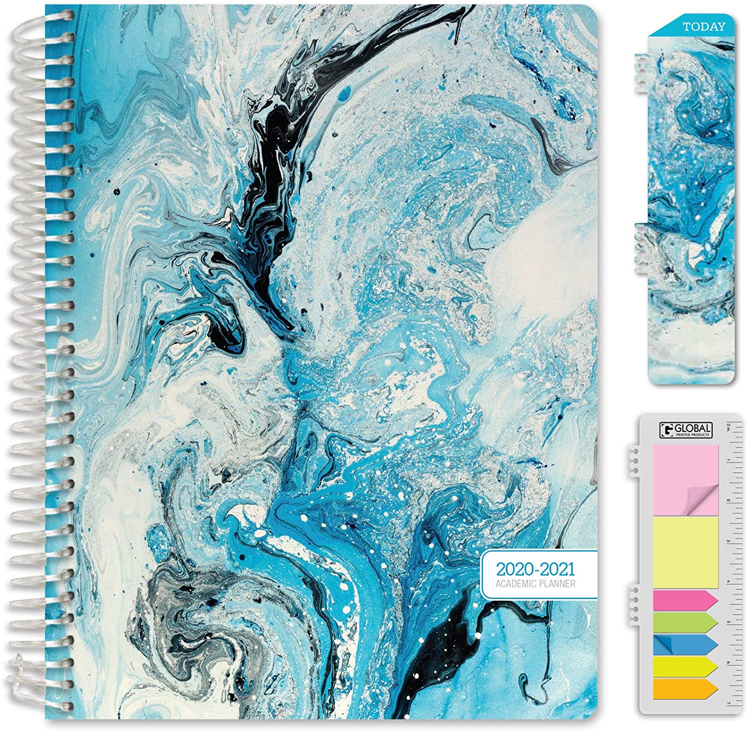 HARDCOVER Academic Year 2020-2021 Planner: (June 2020 Through July 2021) 8.5"x11" Daily Weekly Monthly Planner Yearly Agenda. Bookmark, Pocket Folder and Sticky Note Set (Blue Marble)