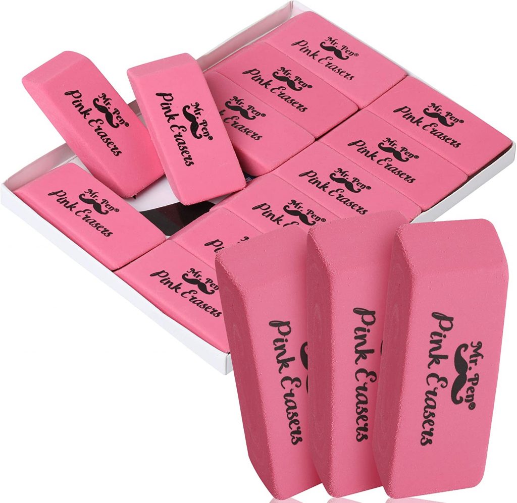 Mr. Pen Pink Pencil Erasers, Large, Pack of 12