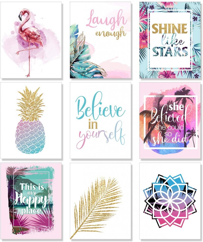 Outus Set of 9 Teen Girl Room Wall Art Inspirational Prints Pineapple Leaf Motivational Phrases Posters