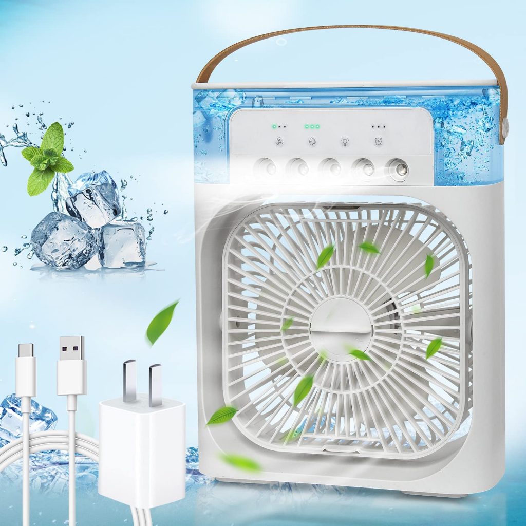 Portable Air Conditioner Fan with 7 Colors LED Light, Timer, 3 Wind Speeds, 3 Spray Modes and 600ml Large Tank 