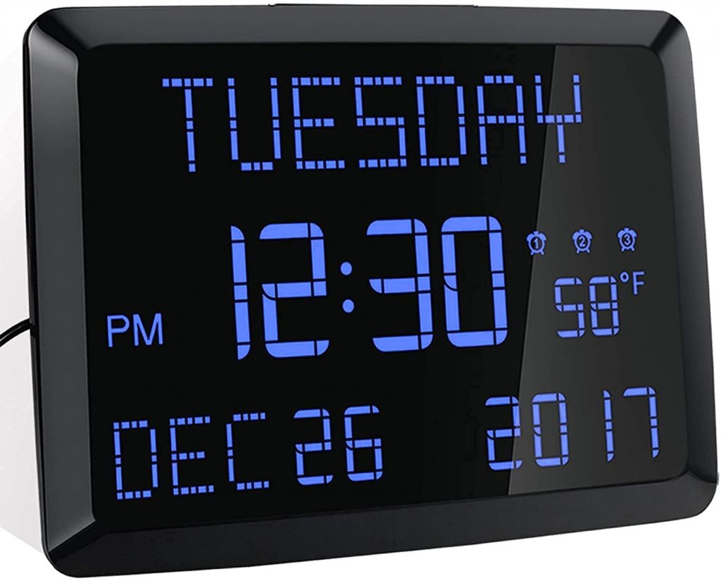 ROCAM Digital Wall Clock with Date and Day of Week, Temperature, USB Charger & 3 Alarms