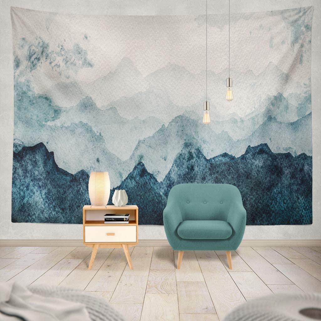 Summor Tapestry Watercolor Surface with Blue Mountains Silhouette