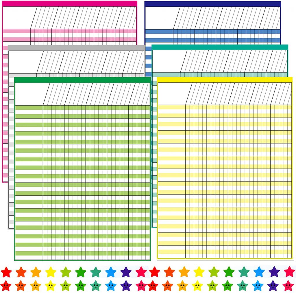 Youngever 6 Pack Multi-Color Laminated Dry Erase Incentive Chart with 120 Reward Star Stickers 