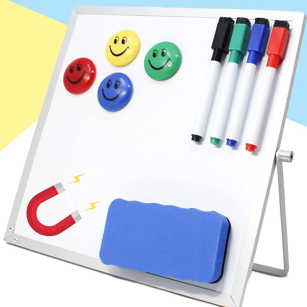 Small Dry Erase Whiteboard with Stand, 4 Markers, 4 Magnets & 1 Eraser